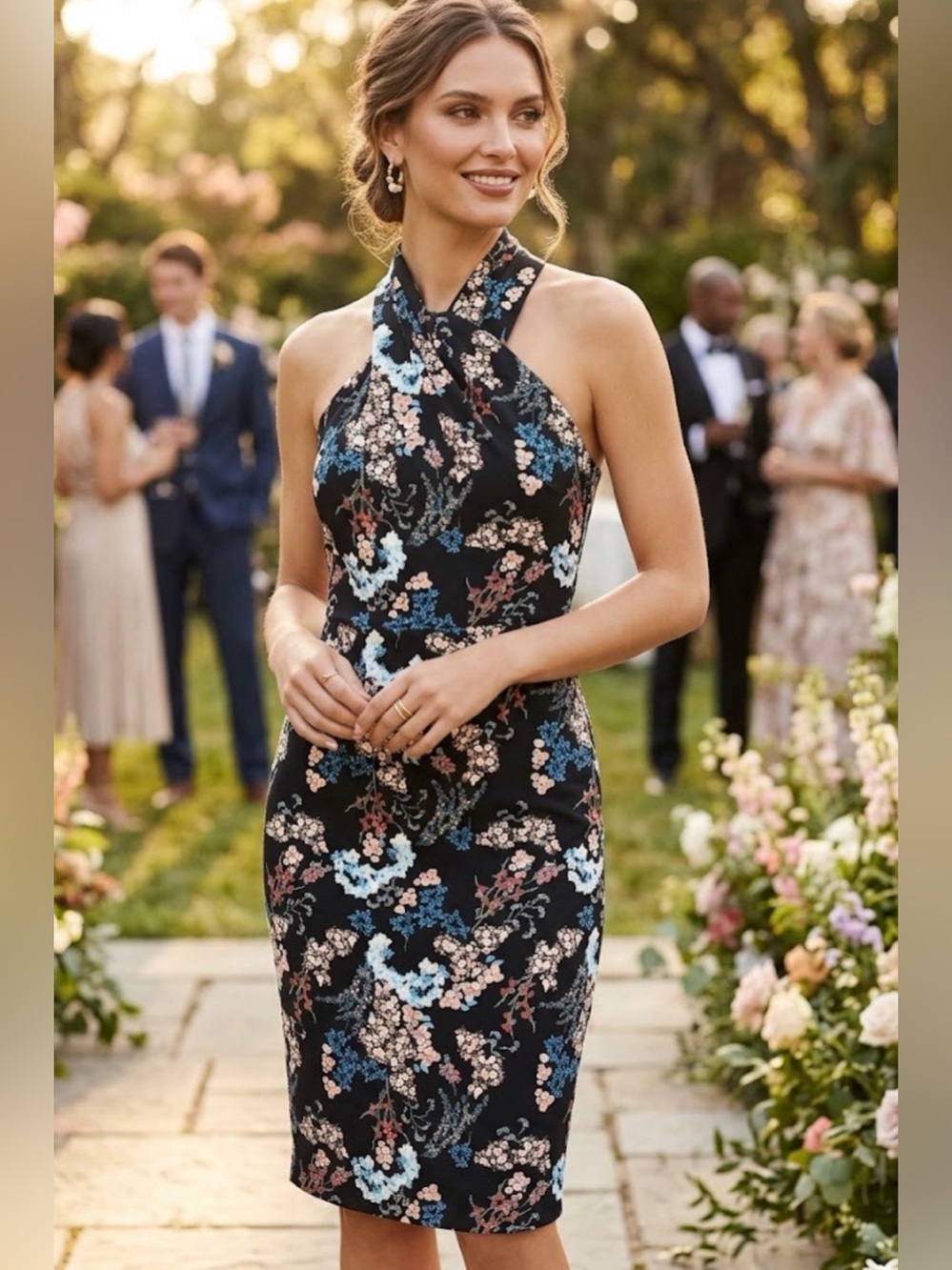 RACHEL Rachel Roy Black Floral Halter Midi Dress with Blue and Blush Blooms